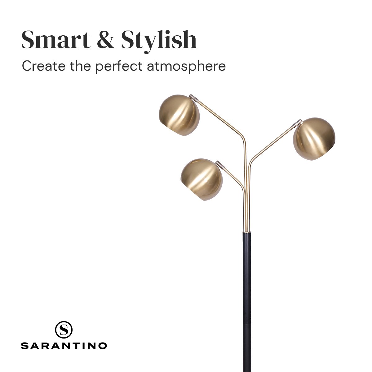 Sarantino Adjustable 3-Arm Arc Lamp with brushed gold finish and matte black base, showcasing three adjustable shade arms.