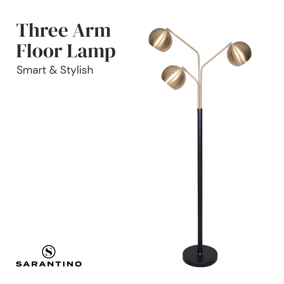 Sarantino Adjustable 3-Arm Arc Lamp with brushed gold finish and matte black base, showcasing three adjustable shade arms.