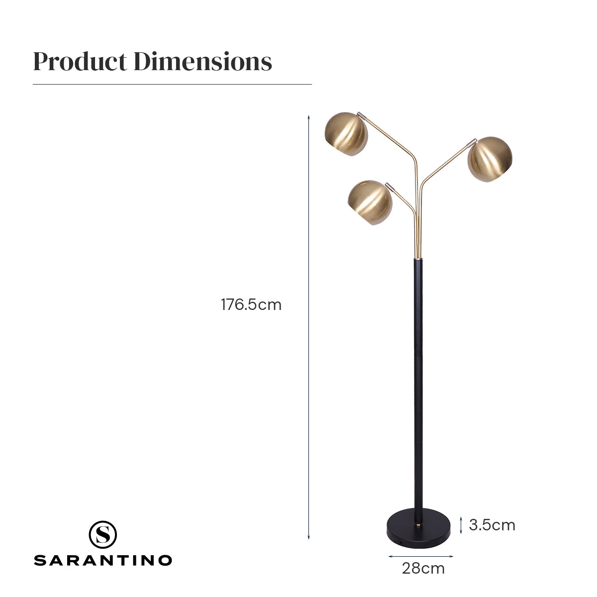 Sarantino Adjustable 3-Arm Arc Lamp with brushed gold finish and matte black base, showcasing three adjustable shade arms.