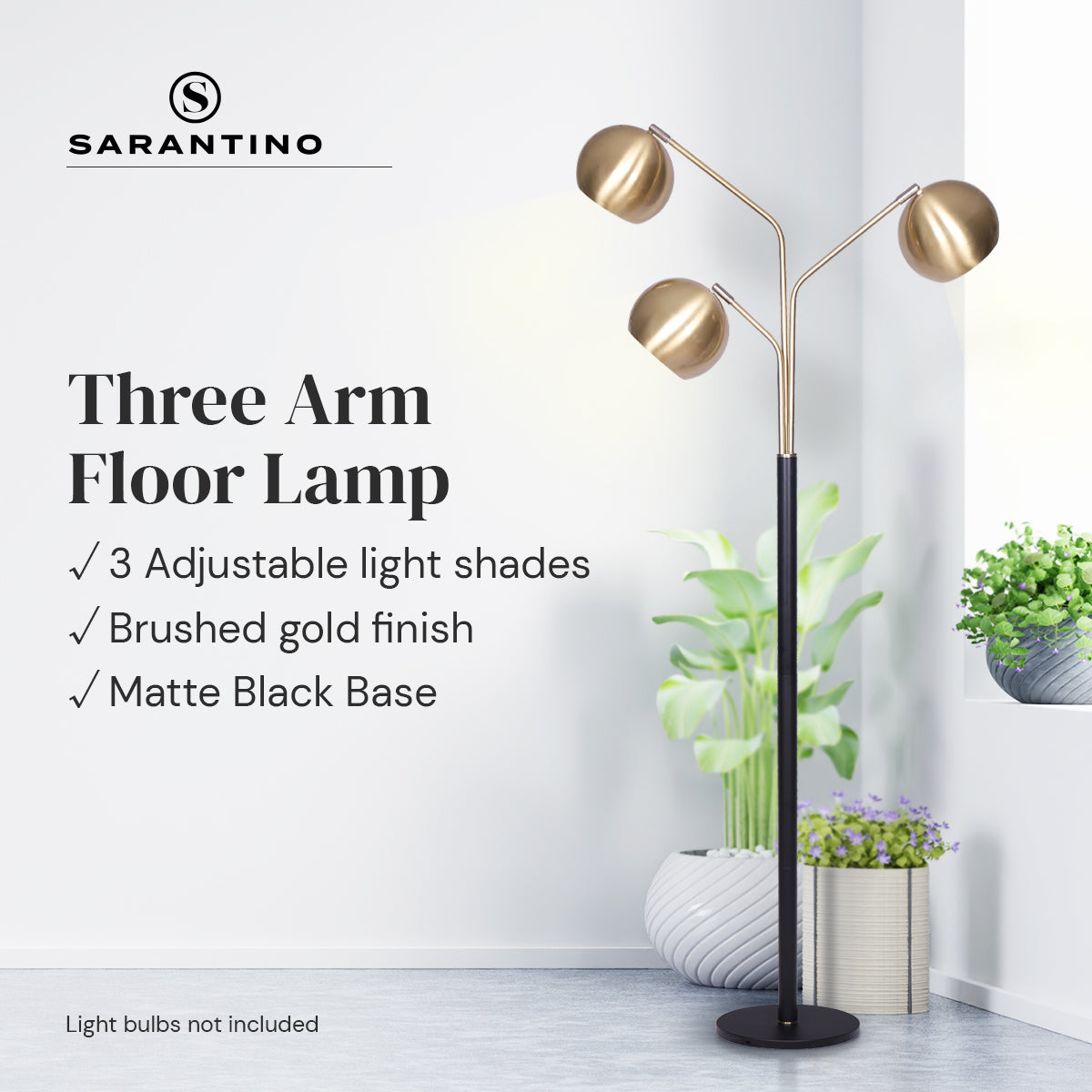 Sarantino Adjustable 3-Arm Arc Lamp with brushed gold finish and matte black base, showcasing three adjustable shade arms.