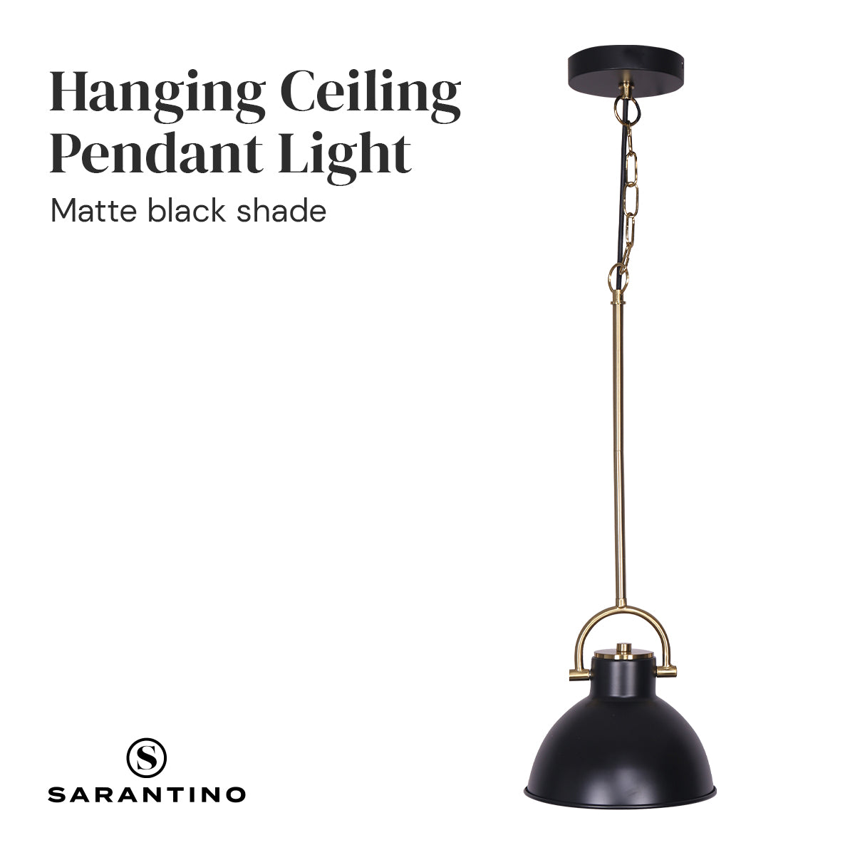 Sarantino Black and Gold Pendant Light showcasing matte black shade and brushed gold accents, adjustable height, and elegant design.