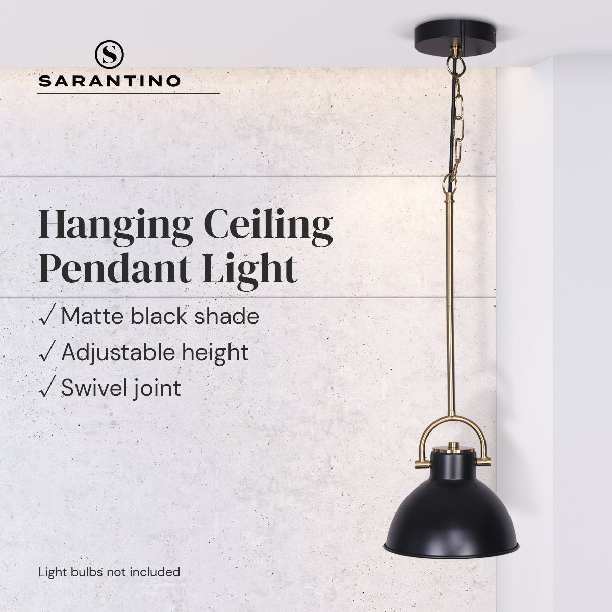 Sarantino Black and Gold Pendant Light showcasing matte black shade and brushed gold accents, adjustable height, and elegant design.