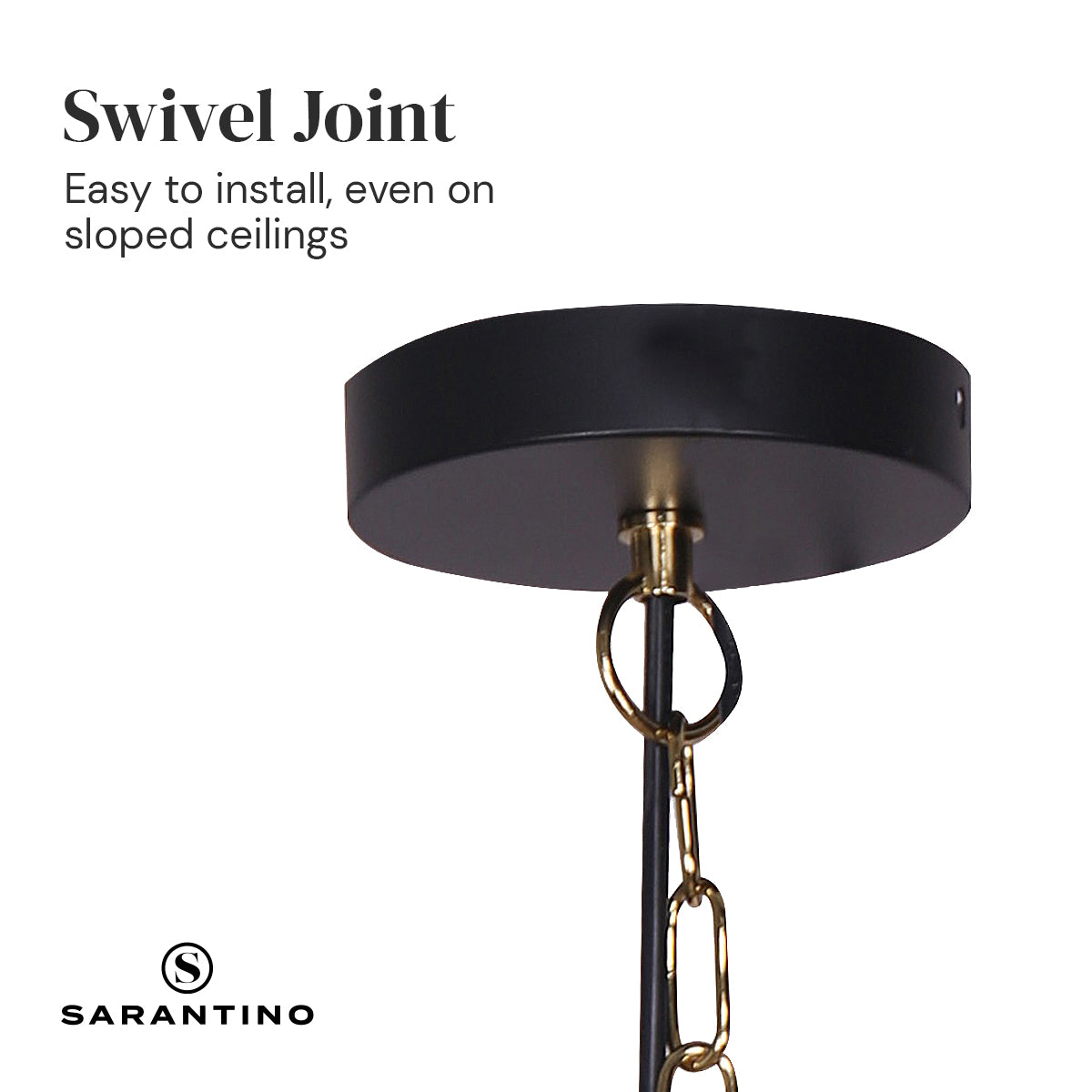 Sarantino Black and Gold Pendant Light showcasing matte black shade and brushed gold accents, adjustable height, and elegant design.