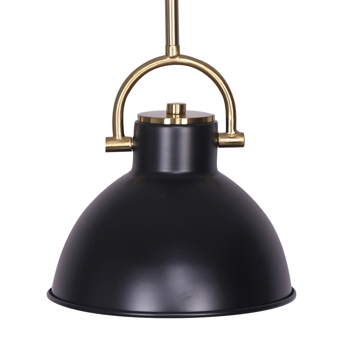 Sarantino Black and Gold Pendant Light showcasing matte black shade and brushed gold accents, adjustable height, and elegant design.