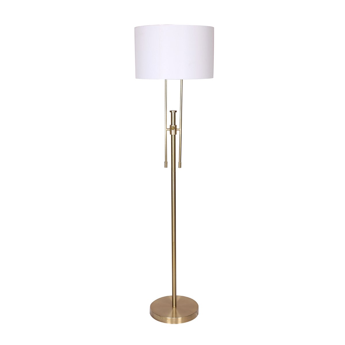 Sarantino Brushed Gold Height-Adjustable Metal Floor Lamp with white linen shade, showcasing its elegant design and adjustable height feature.