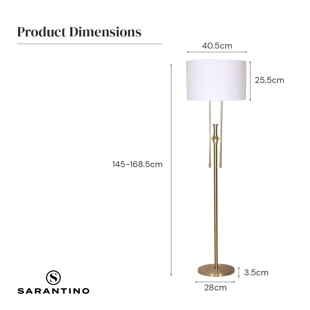 Sarantino Brushed Gold Height-Adjustable Metal Floor Lamp with white linen shade, showcasing its elegant design and adjustable height feature.