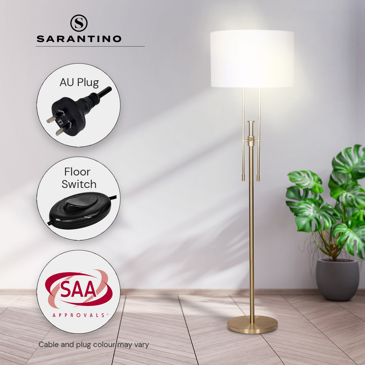 Sarantino Brushed Gold Height-Adjustable Metal Floor Lamp with white linen shade, showcasing its elegant design and adjustable height feature.