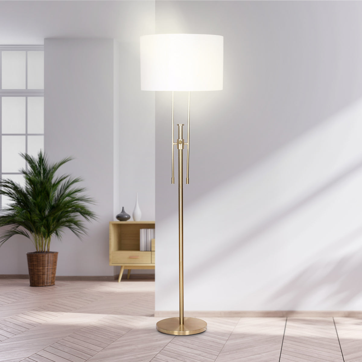 Sarantino Brushed Gold Height-Adjustable Metal Floor Lamp with white linen shade, showcasing its elegant design and adjustable height feature.