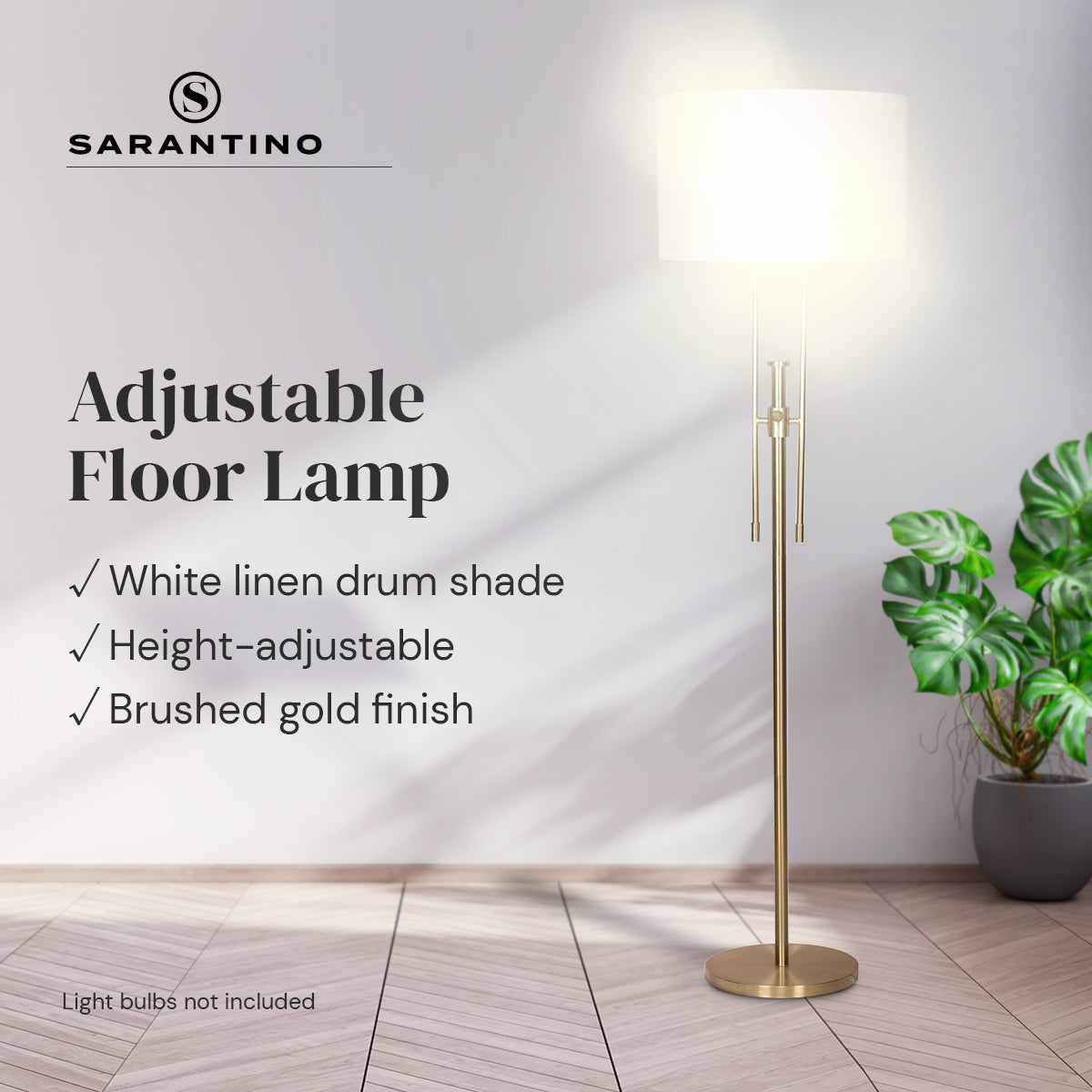 Sarantino Brushed Gold Height-Adjustable Metal Floor Lamp with white linen shade, showcasing its elegant design and adjustable height feature.