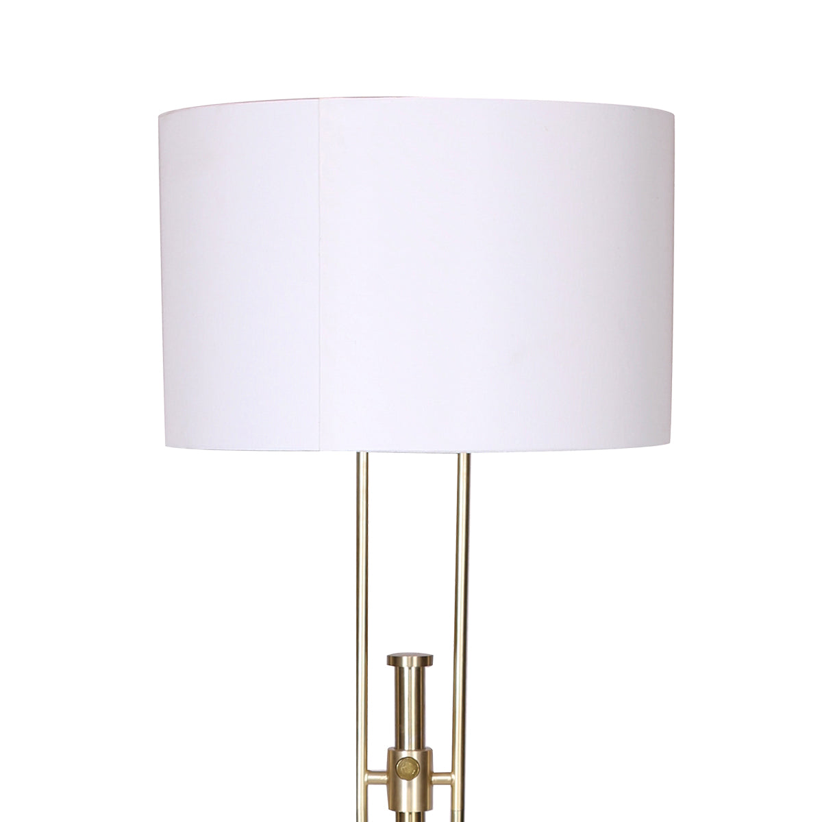 Sarantino Brushed Gold Height-Adjustable Metal Floor Lamp with white linen shade, showcasing its elegant design and adjustable height feature.