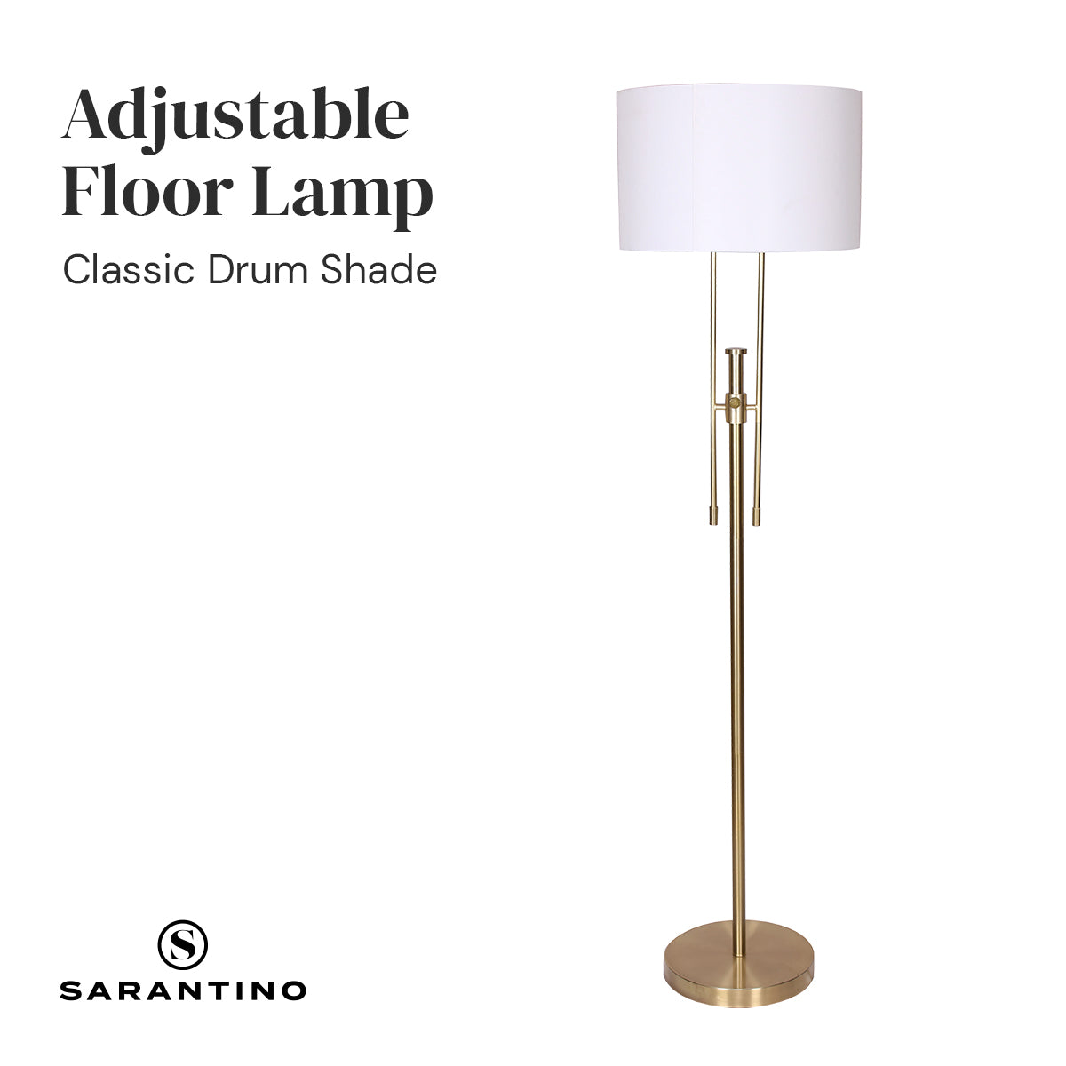 Sarantino Brushed Gold Height-Adjustable Metal Floor Lamp with white linen shade, showcasing its elegant design and adjustable height feature.