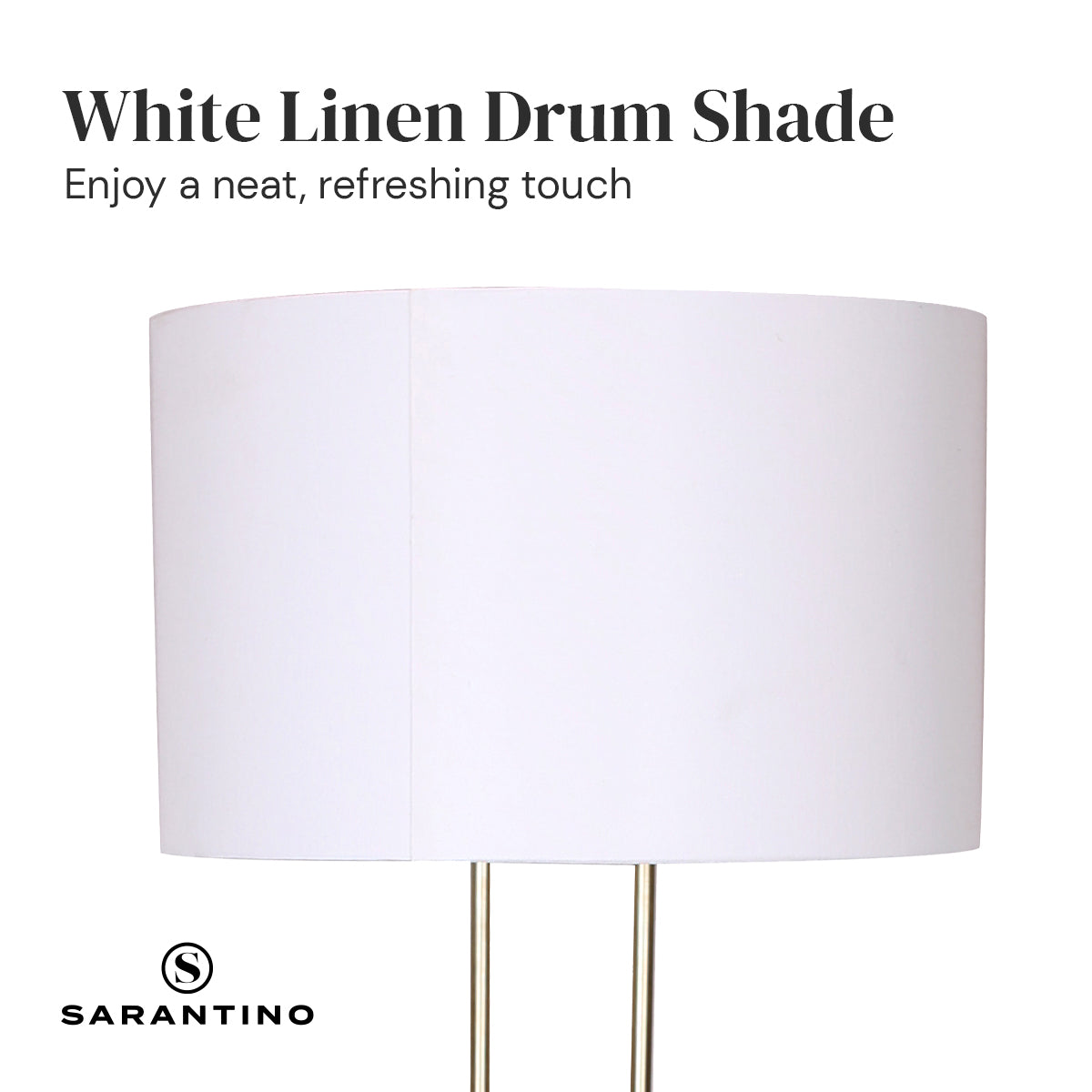 Sarantino Brushed Gold Height-Adjustable Metal Floor Lamp with white linen shade, showcasing its elegant design and adjustable height feature.