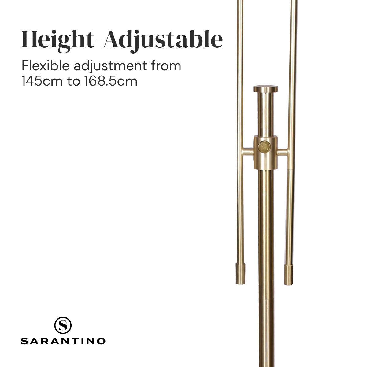 Sarantino Brushed Gold Height-Adjustable Metal Floor Lamp with white linen shade, showcasing its elegant design and adjustable height feature.