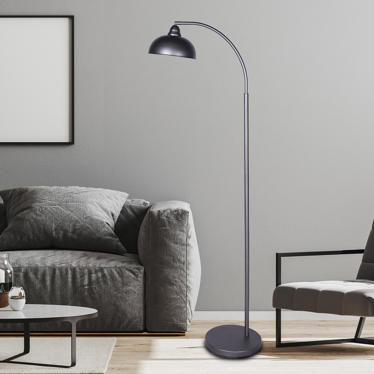 Sarantino Dark Grey Floor Lamp with adjustable dome shade, showcasing industrial chic design and metal finish.