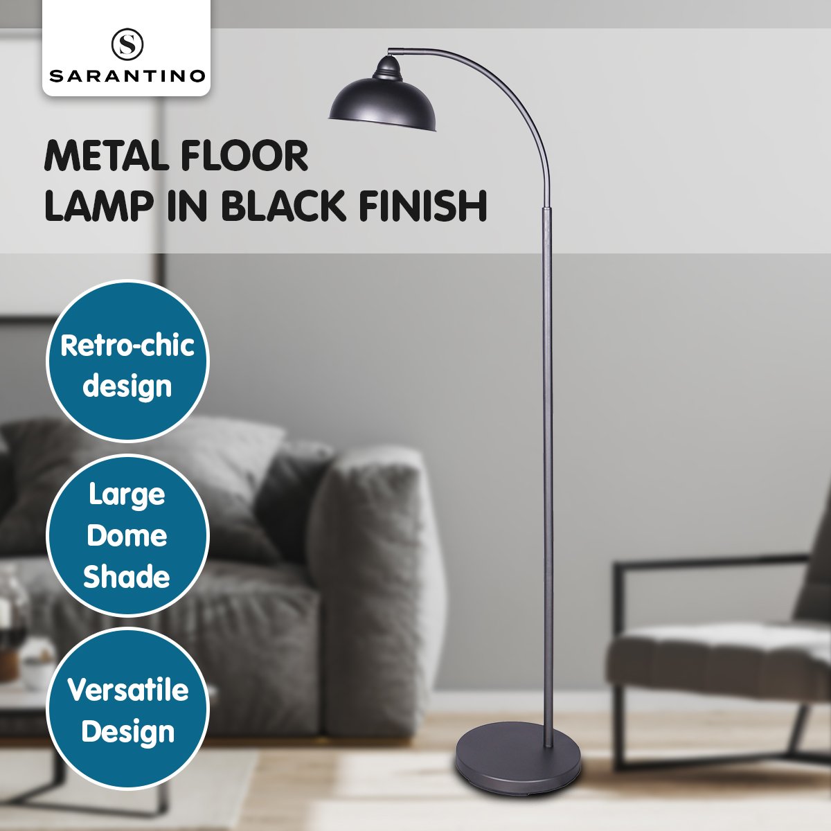 Sarantino Dark Grey Floor Lamp with adjustable dome shade, showcasing industrial chic design and metal finish.