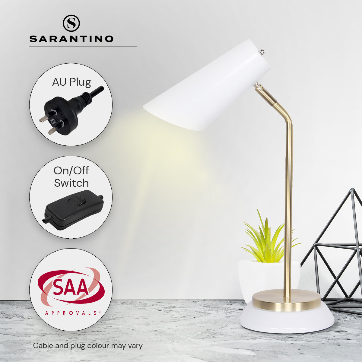 Sarantino Electric Reading Light Table Lamp with brass finish and unique laser-cut shade, perfect for modern and vintage decor.