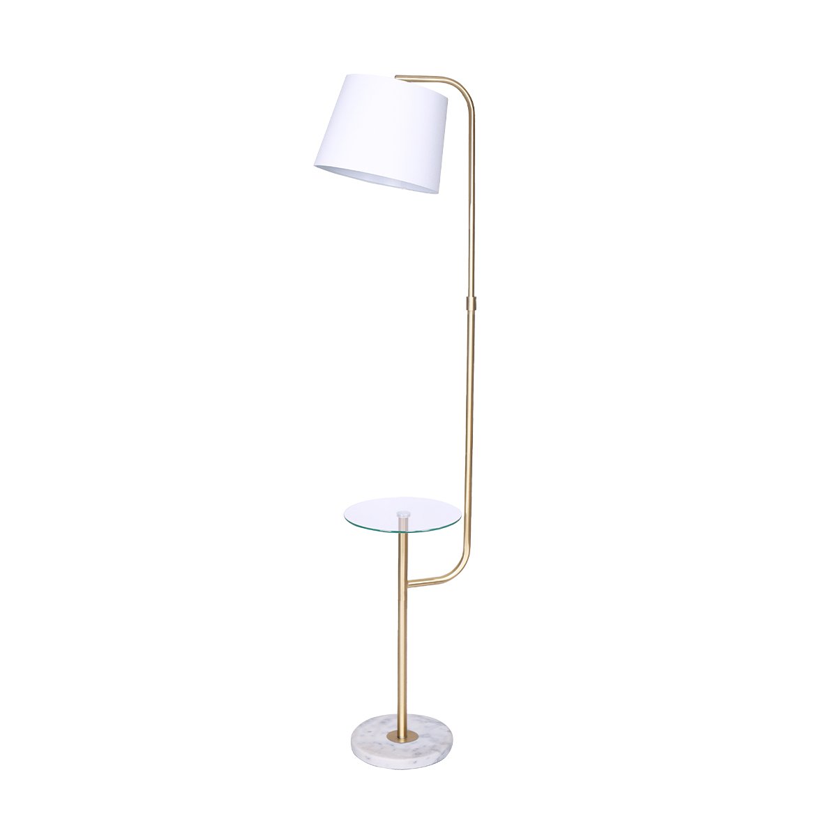 Sarantino Glass End Brass Finish Table Top Floor Lamp with a clear glass shelf and a stylish brass finish.