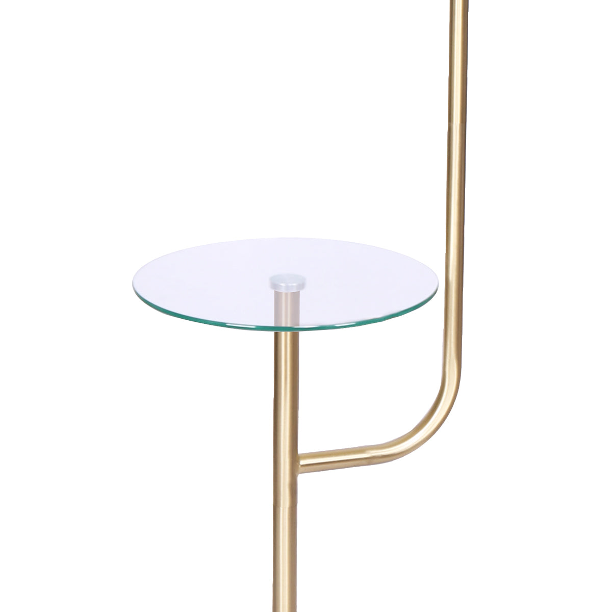 Sarantino Glass End Brass Finish Table Top Floor Lamp with a clear glass shelf and a stylish brass finish.