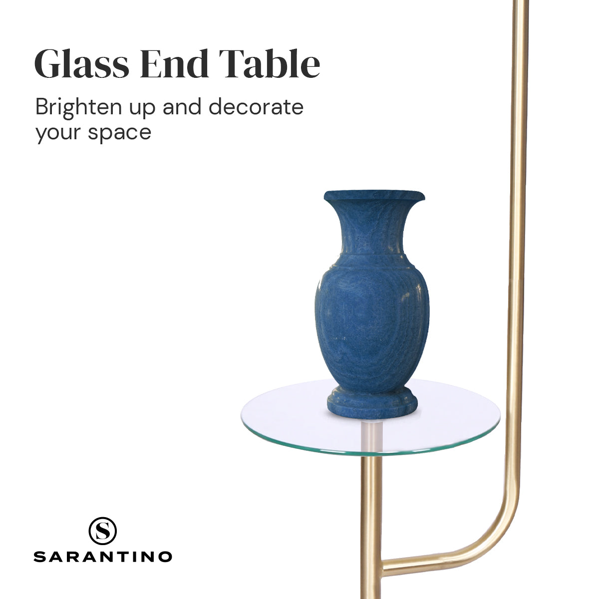 Sarantino Glass End Brass Finish Table Top Floor Lamp with a clear glass shelf and a stylish brass finish.