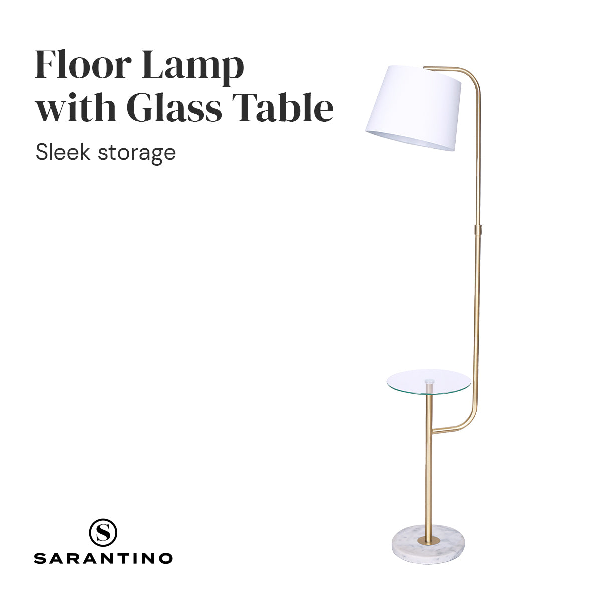 Sarantino Glass End Brass Finish Table Top Floor Lamp with a clear glass shelf and a stylish brass finish.