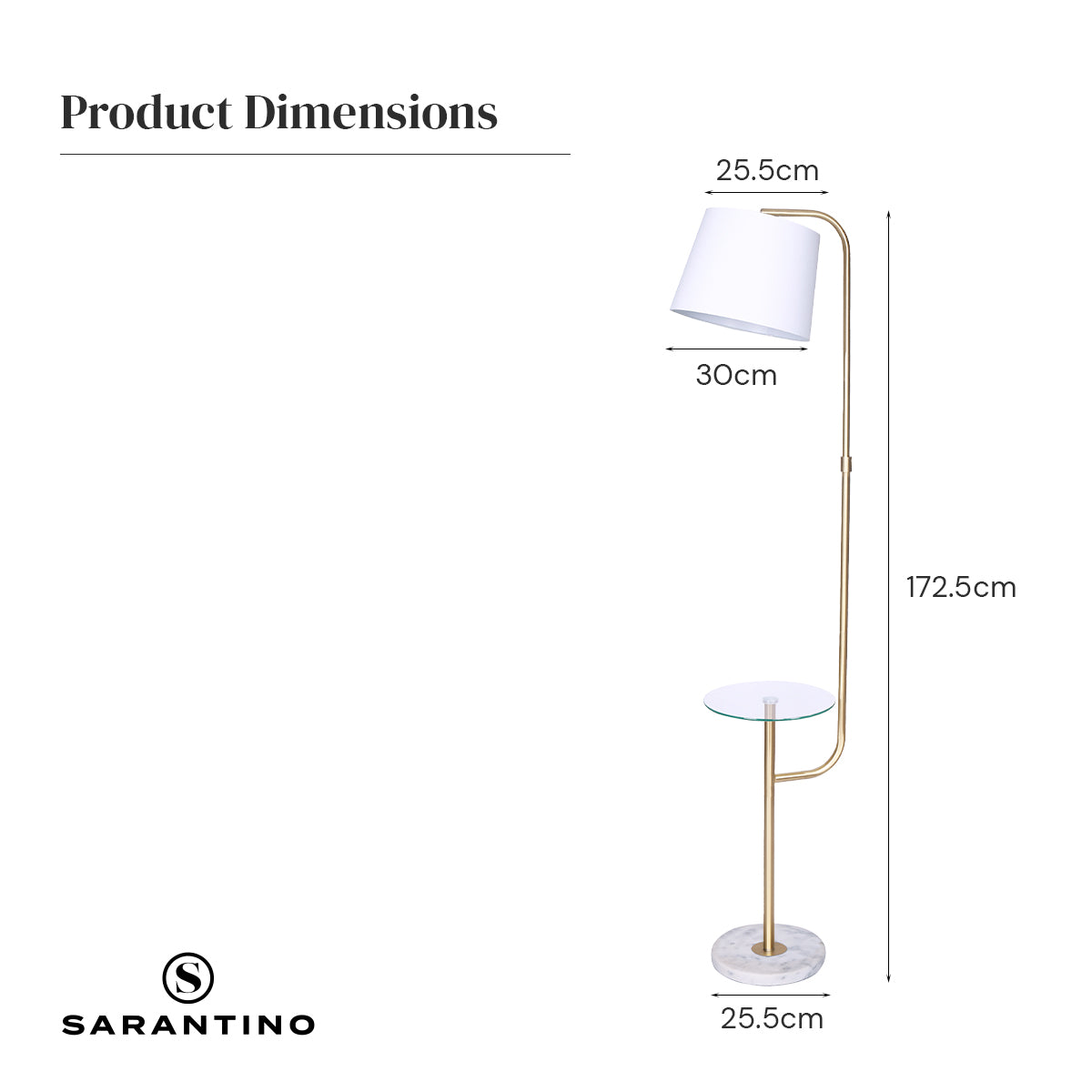 Sarantino Glass End Brass Finish Table Top Floor Lamp with a clear glass shelf and a stylish brass finish.