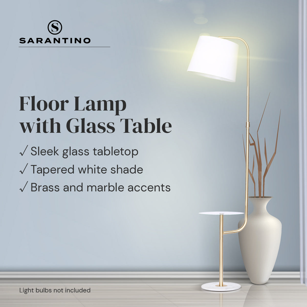 Sarantino Glass End Brass Finish Table Top Floor Lamp with a clear glass shelf and a stylish brass finish.