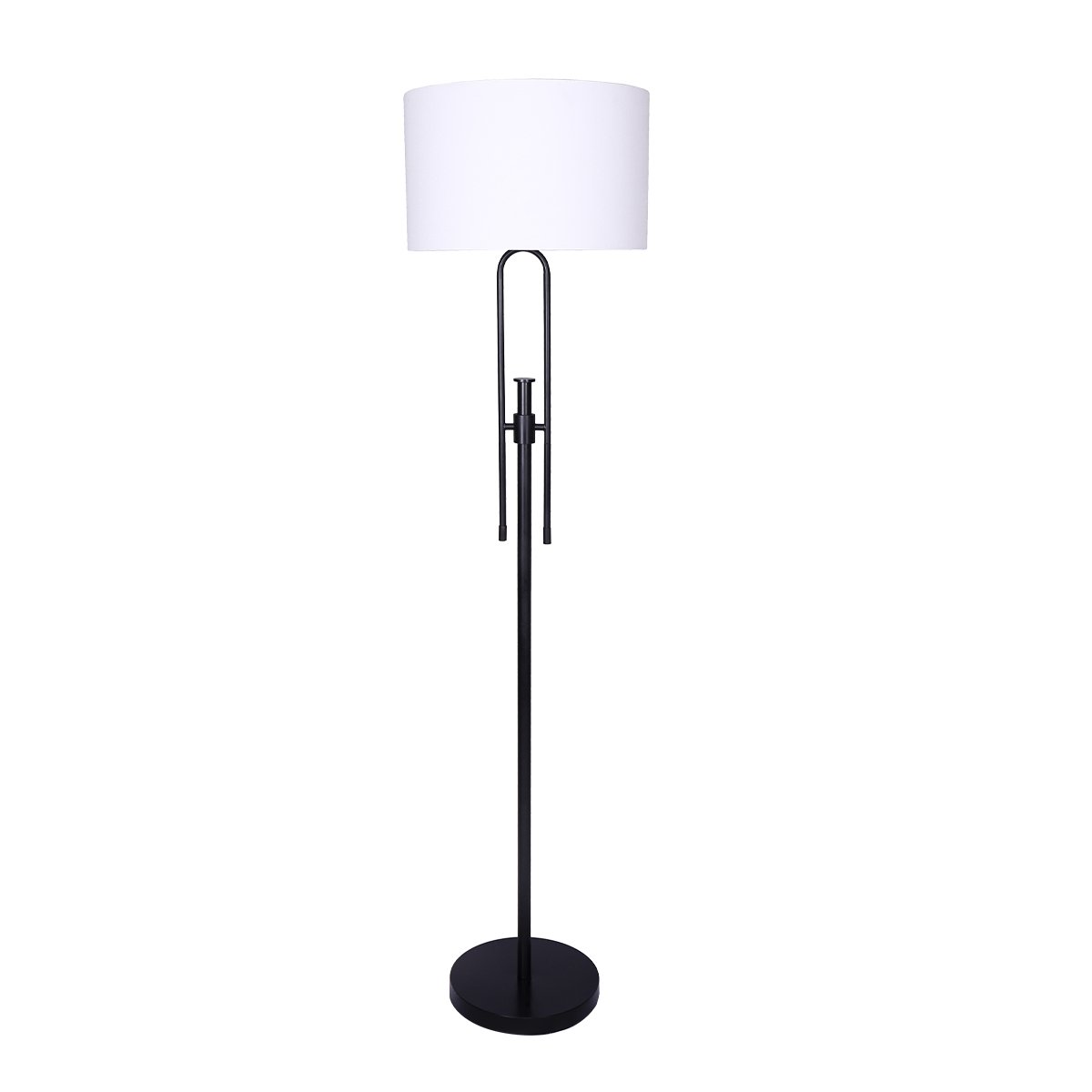 Sarantino Height-Adjustable Metal Floor Lamp in Matte Black with white linen shade, showcasing its elegant design and adjustable height feature.