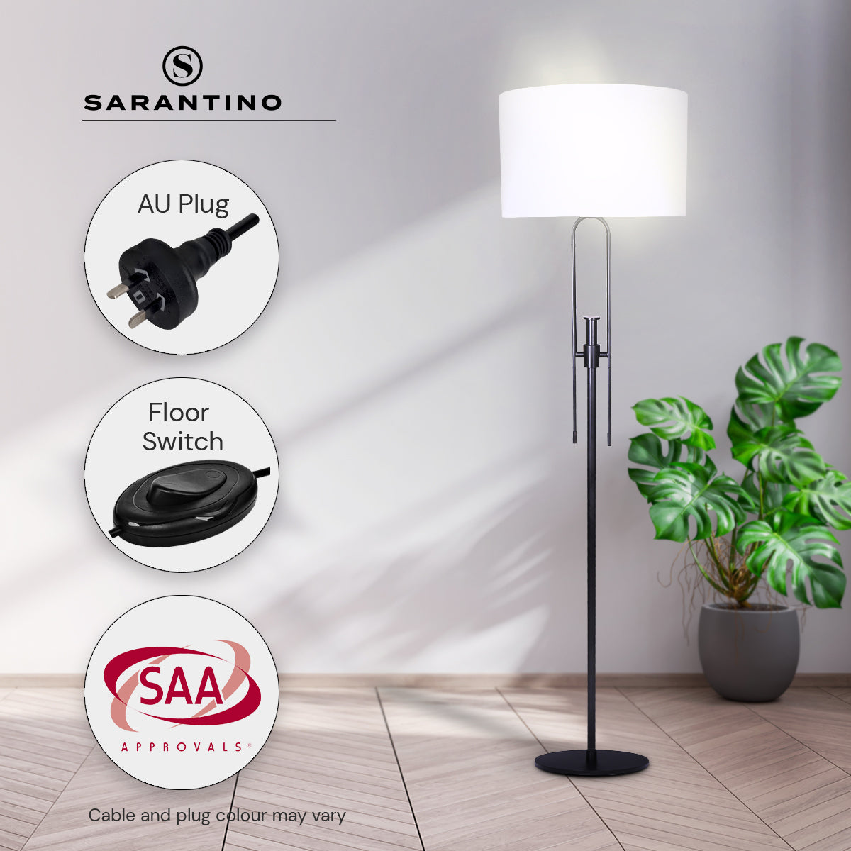 Sarantino Height-Adjustable Metal Floor Lamp in Matte Black with white linen shade, showcasing its elegant design and adjustable height feature.