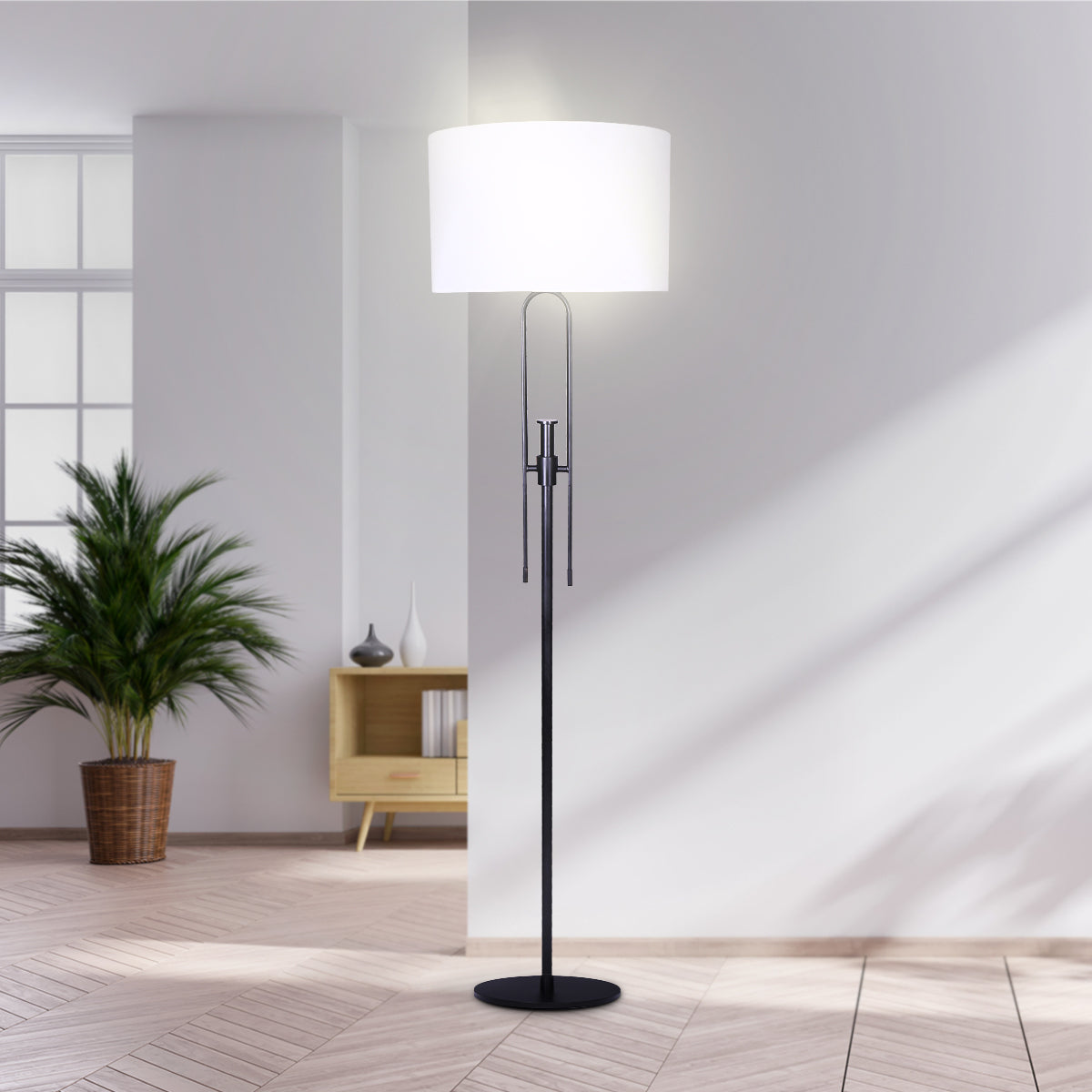 Sarantino Height-Adjustable Metal Floor Lamp in Matte Black with white linen shade, showcasing its elegant design and adjustable height feature.