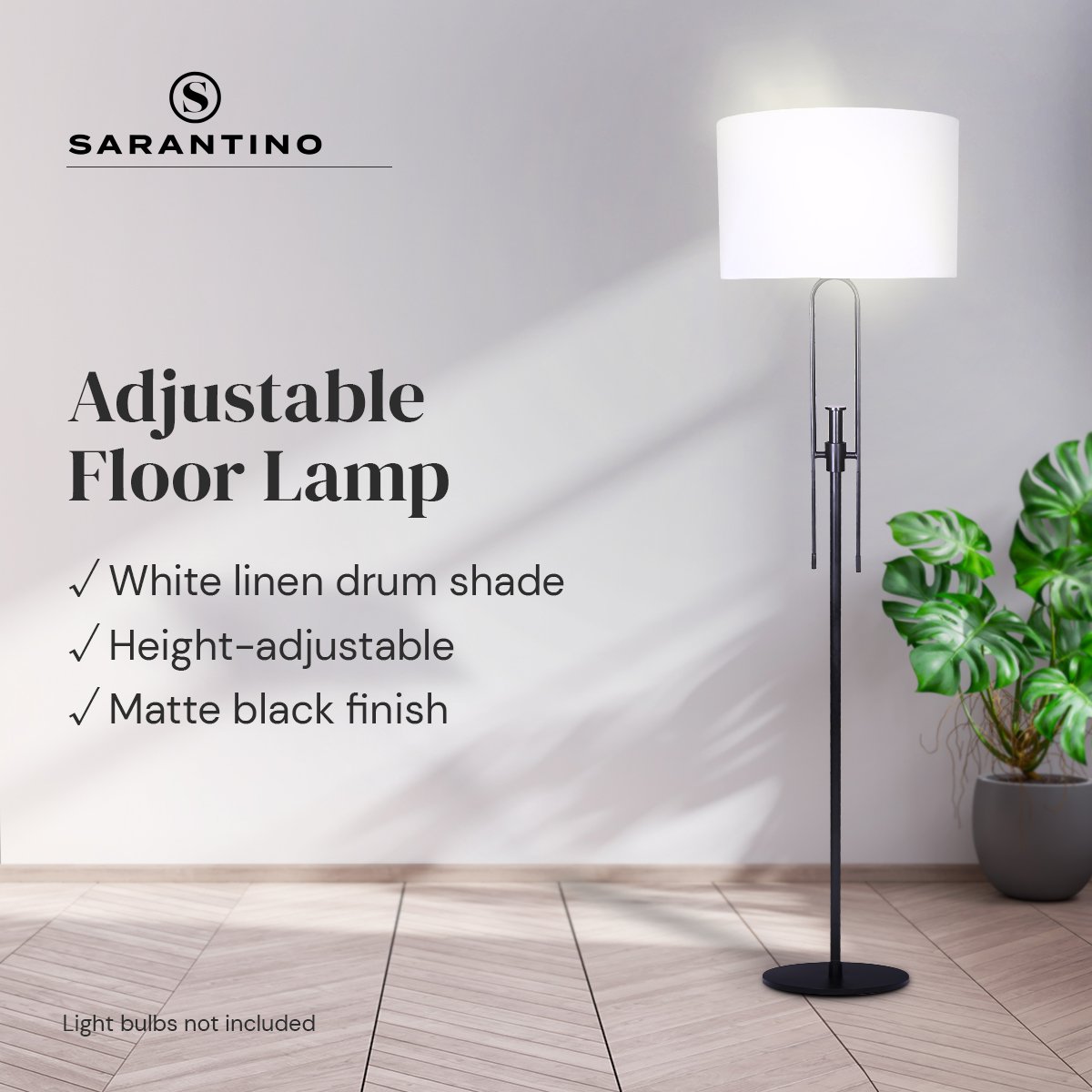 Sarantino Height-Adjustable Metal Floor Lamp in Matte Black with white linen shade, showcasing its elegant design and adjustable height feature.