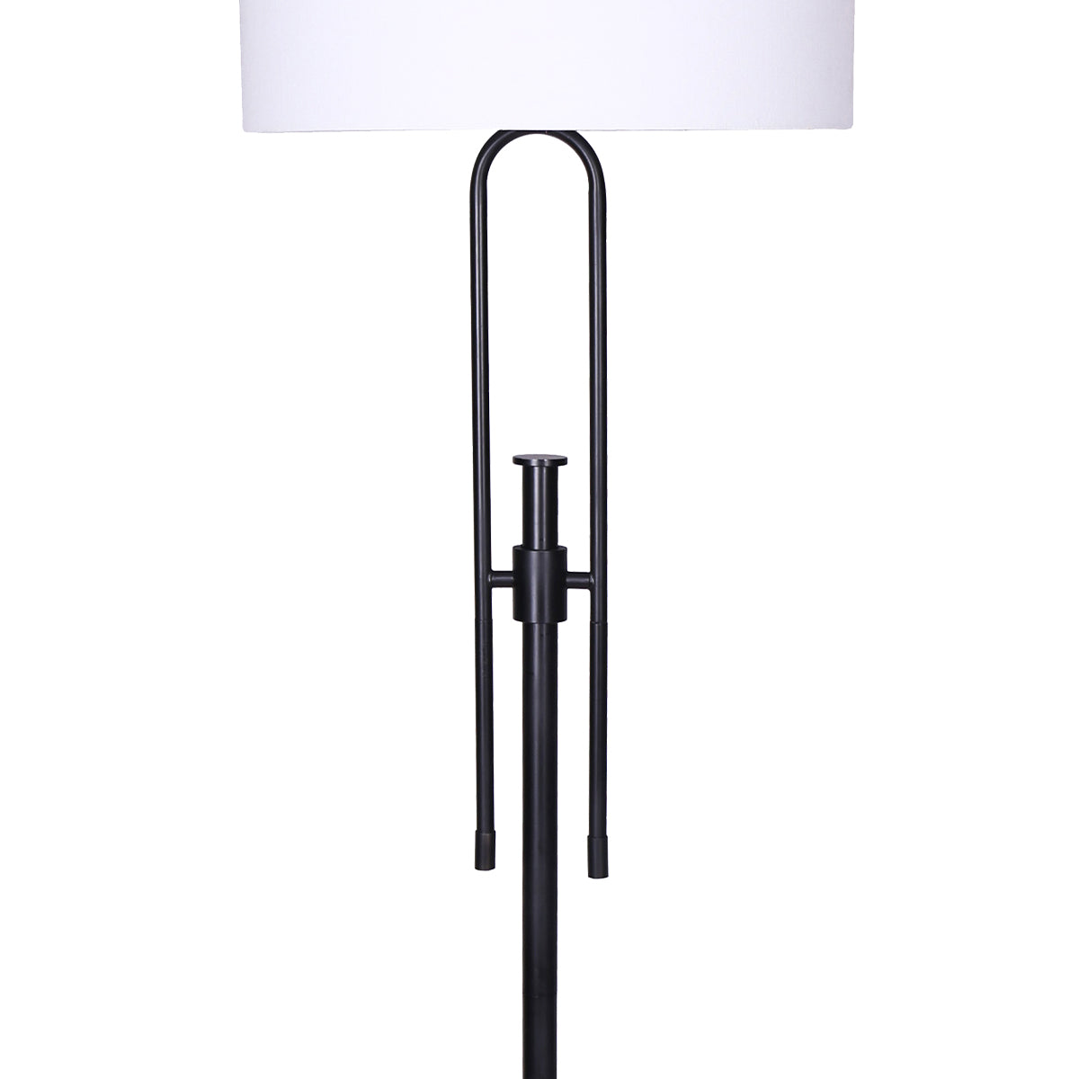 Sarantino Height-Adjustable Metal Floor Lamp in Matte Black with white linen shade, showcasing its elegant design and adjustable height feature.