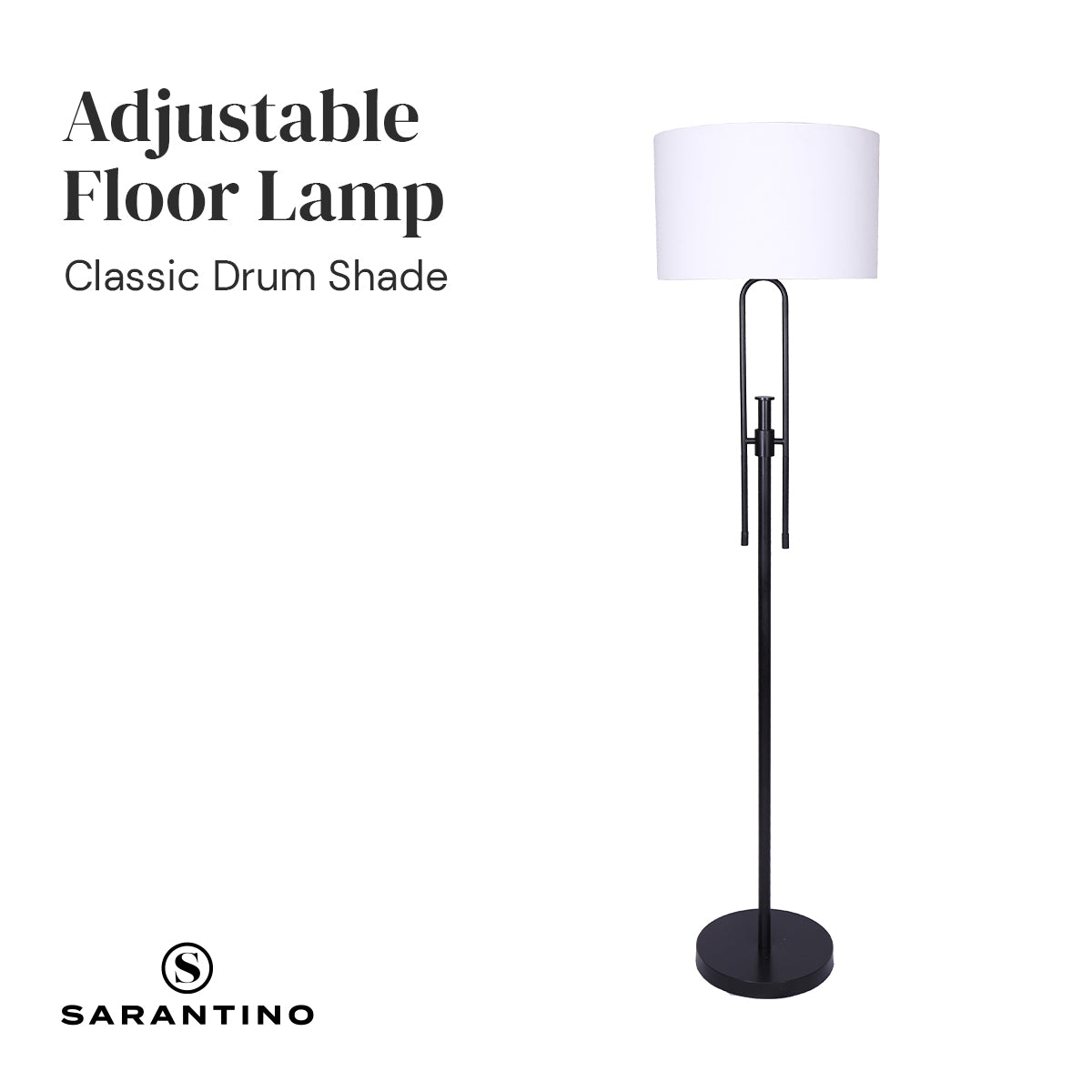 Sarantino Height-Adjustable Metal Floor Lamp in Matte Black with white linen shade, showcasing its elegant design and adjustable height feature.