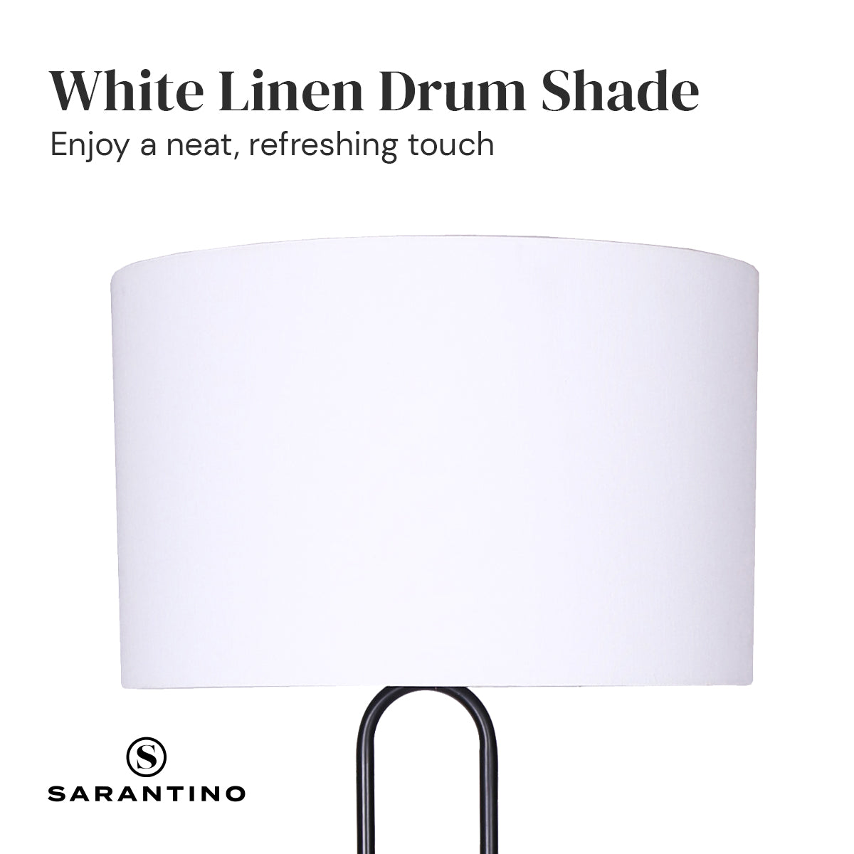 Sarantino Height-Adjustable Metal Floor Lamp in Matte Black with white linen shade, showcasing its elegant design and adjustable height feature.