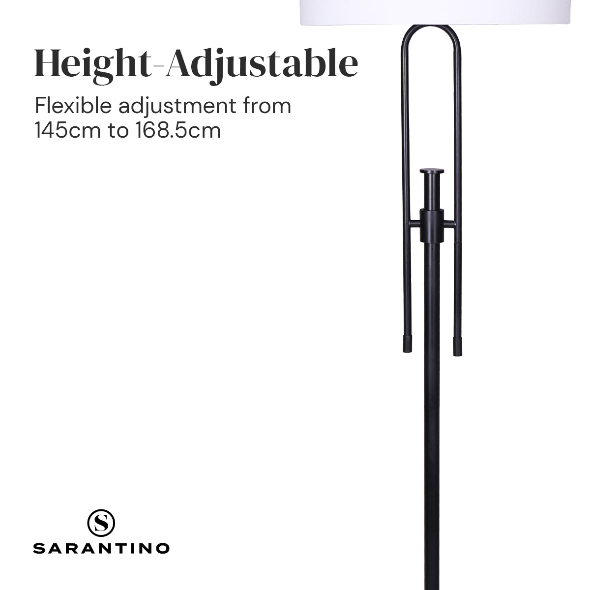 Sarantino Height-Adjustable Metal Floor Lamp in Matte Black with white linen shade, showcasing its elegant design and adjustable height feature.