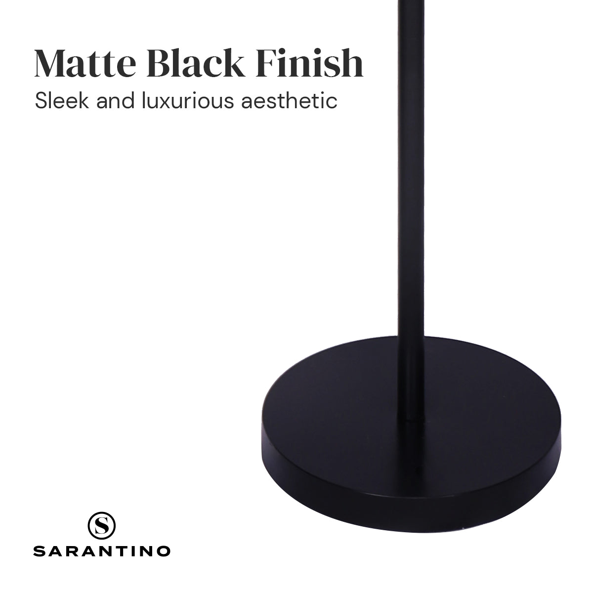 Sarantino Height-Adjustable Metal Floor Lamp in Matte Black with white linen shade, showcasing its elegant design and adjustable height feature.