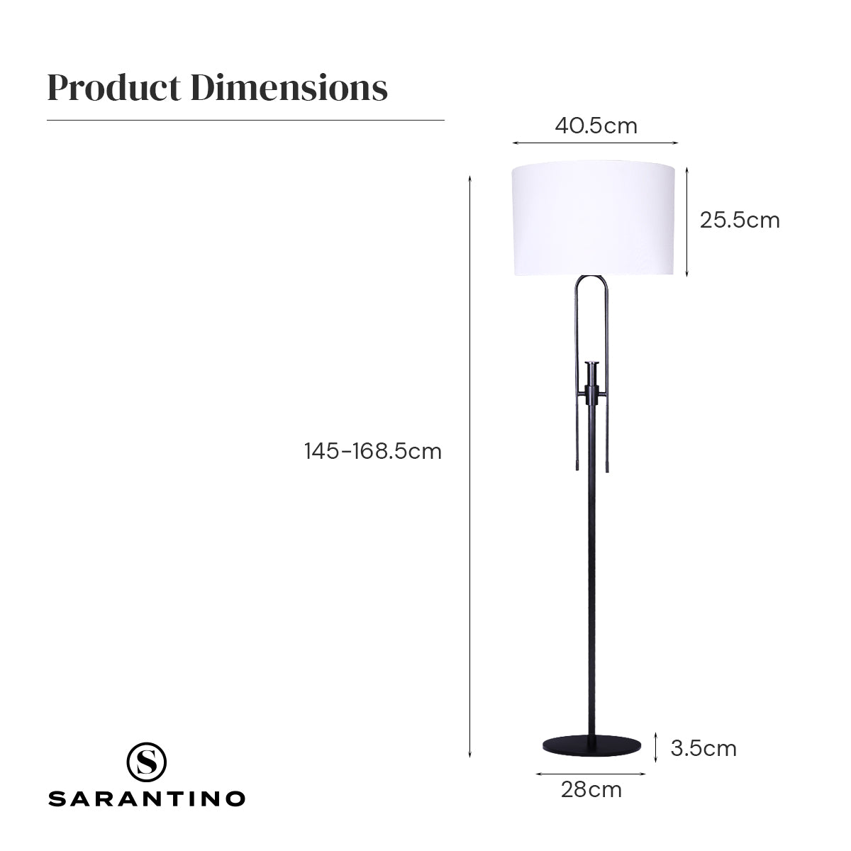 Sarantino Height-Adjustable Metal Floor Lamp in Matte Black with white linen shade, showcasing its elegant design and adjustable height feature.