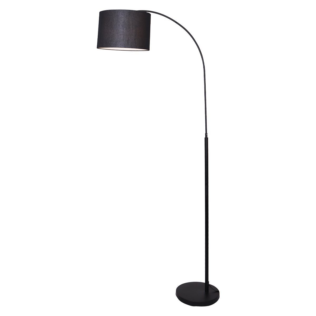 Sarantino Metal Arc Arm Floor Lamp with Black Drum Shade, showcasing a sleek design and arched frame, perfect for modern interiors.