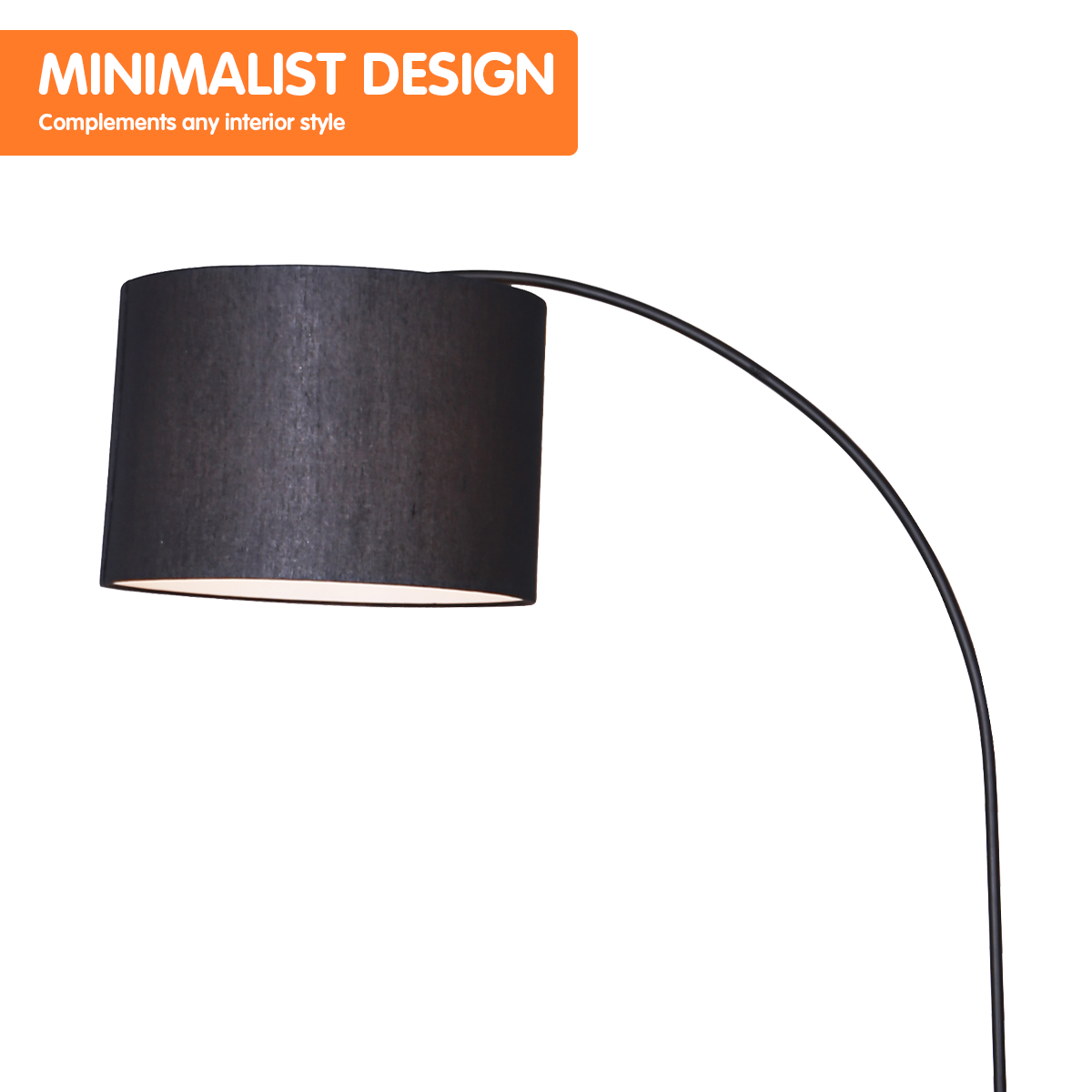 Sarantino Metal Arc Arm Floor Lamp with Black Drum Shade, showcasing a sleek design and arched frame, perfect for modern interiors.