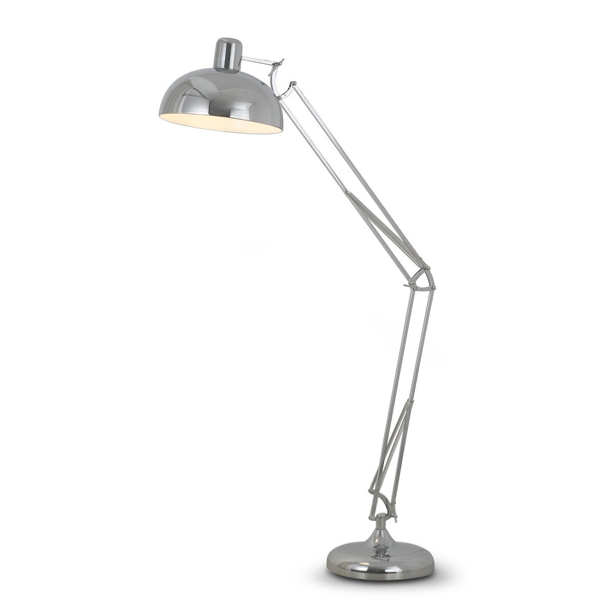 Sarantino Metal Architect Floor Lamp with adjustable height and chrome finish, featuring a half-globe shade for focused lighting.