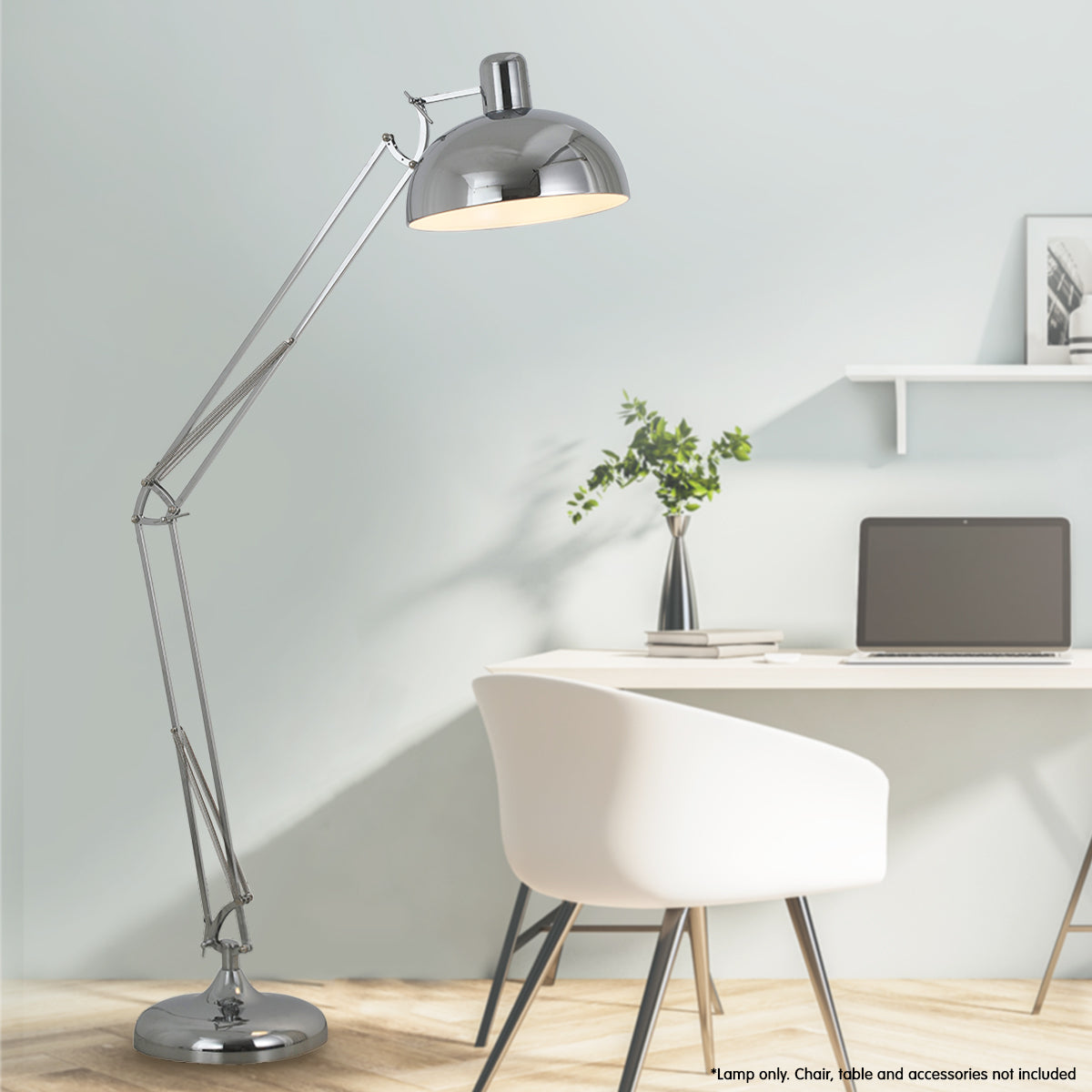 Sarantino Metal Architect Floor Lamp with adjustable height and chrome finish, featuring a half-globe shade for focused lighting.