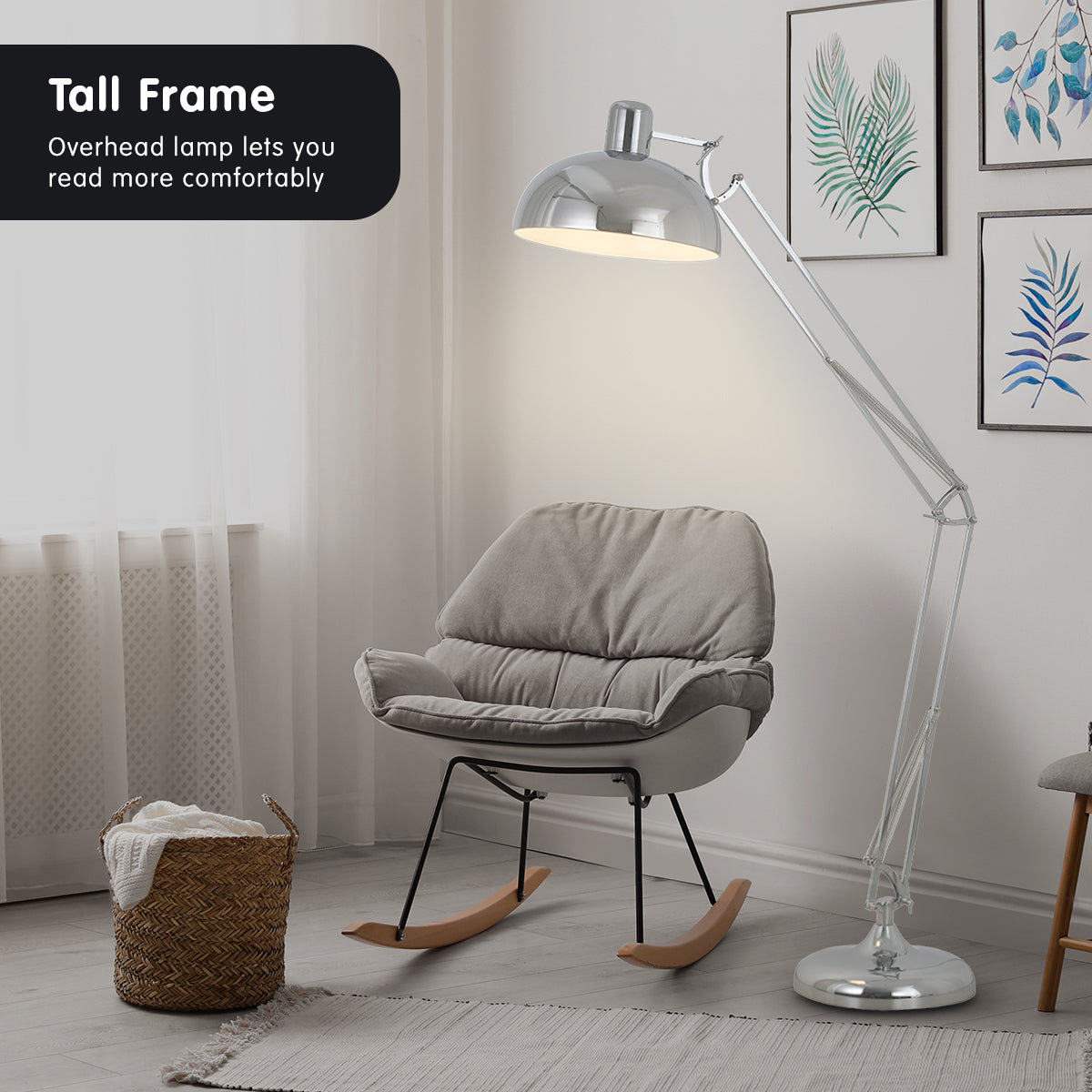 Sarantino Metal Architect Floor Lamp with adjustable height and chrome finish, featuring a half-globe shade for focused lighting.