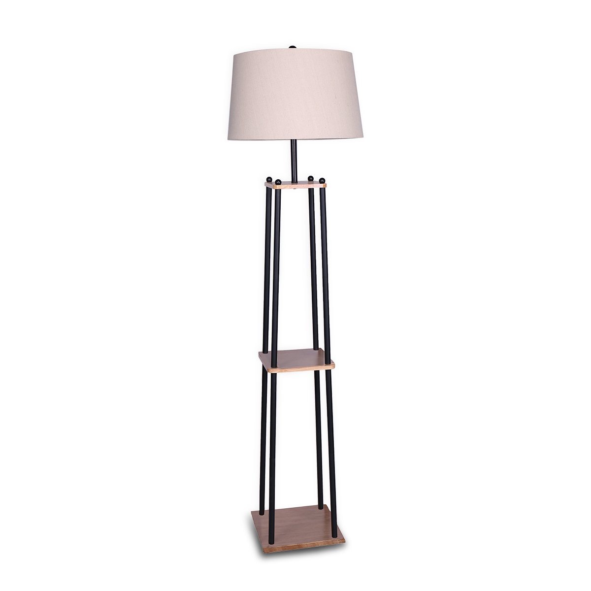 Sarantino Metal Etagere Floor Lamp with wood shelves and cream fabric shade, showcasing its elegant design and functionality.