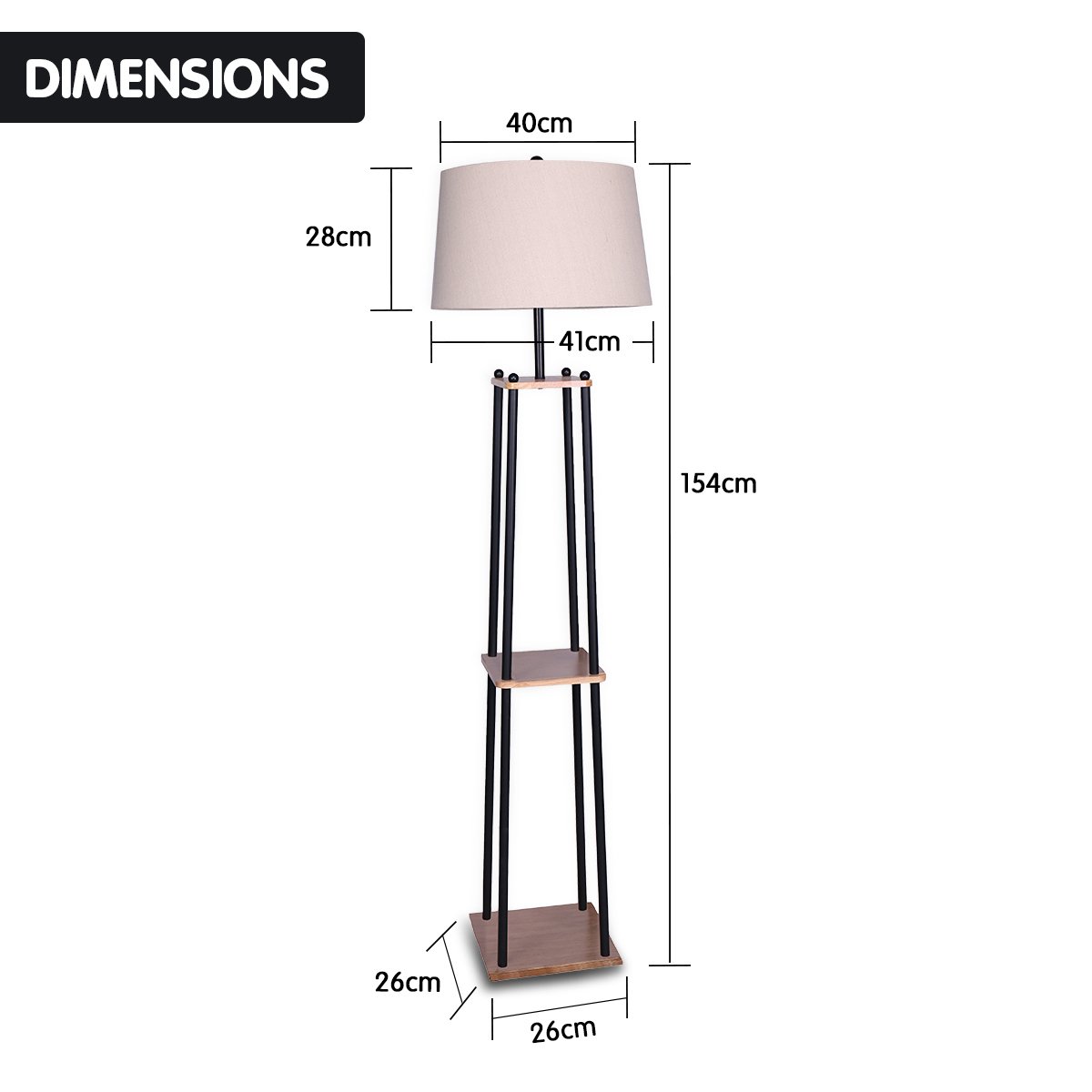 Sarantino Metal Etagere Floor Lamp with wood shelves and cream fabric shade, showcasing its elegant design and functionality.