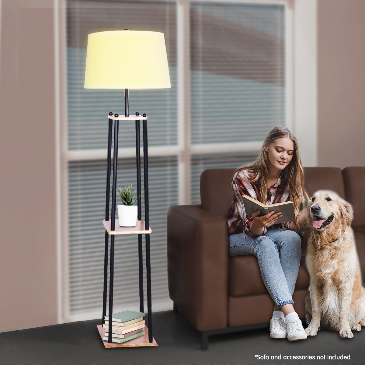 Sarantino Metal Etagere Floor Lamp with wood shelves and cream fabric shade, showcasing its elegant design and functionality.