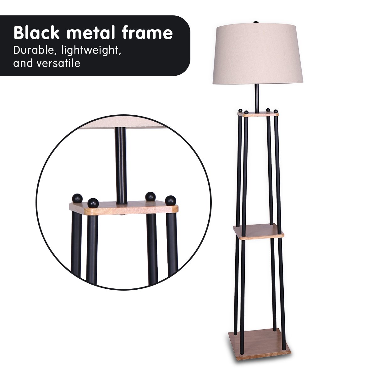 Sarantino Metal Etagere Floor Lamp with wood shelves and cream fabric shade, showcasing its elegant design and functionality.