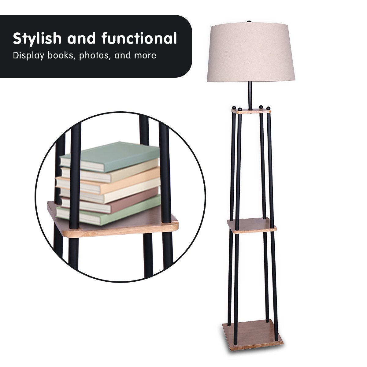 Sarantino Metal Etagere Floor Lamp with wood shelves and cream fabric shade, showcasing its elegant design and functionality.