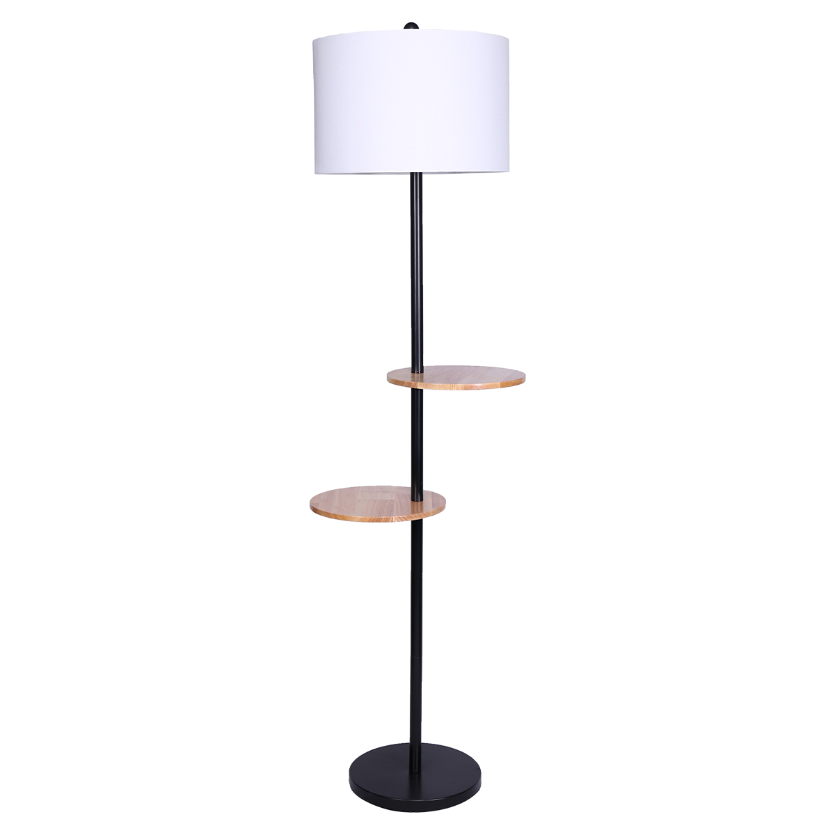 Sarantino Metal Floor Lamp with black post and round wooden shelves, showcasing a modern design and white drum shade.