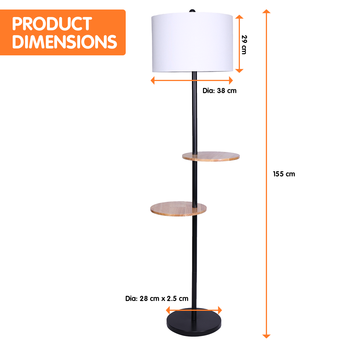 Sarantino Metal Floor Lamp with black post and round wooden shelves, showcasing a modern design and white drum shade.