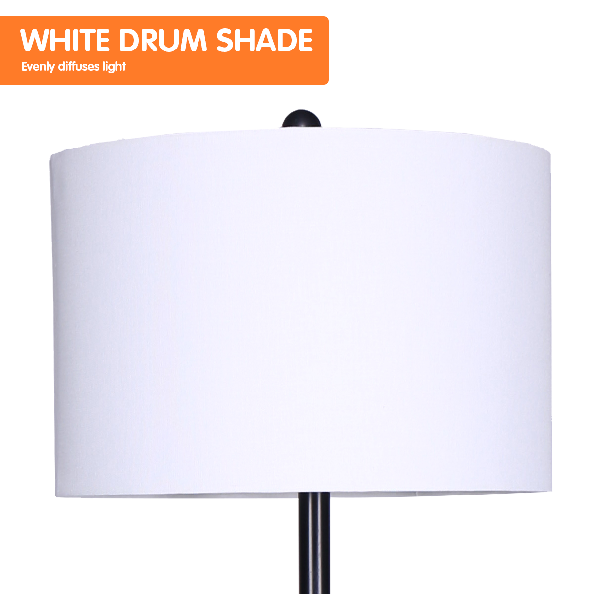 Sarantino Metal Floor Lamp with black post and round wooden shelves, showcasing a modern design and white drum shade.