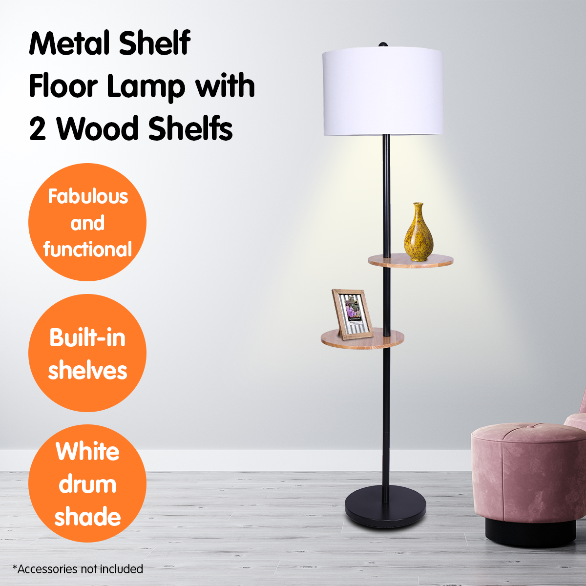 Sarantino Metal Floor Lamp with black post and round wooden shelves, showcasing a modern design and white drum shade.